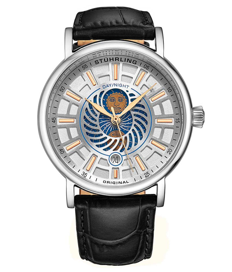 Stührling Stührling Duet 899 Quartz 42mm Classic - White Dial / Silver Case / Black Leather Strap Silver Tang Buckle