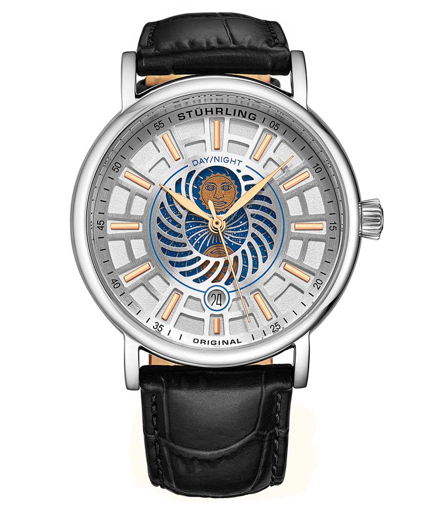 Stührling Stührling Duet 899 Quartz 42mm Classic - White Dial / Silver Case / Black Leather Strap Silver Tang Buckle