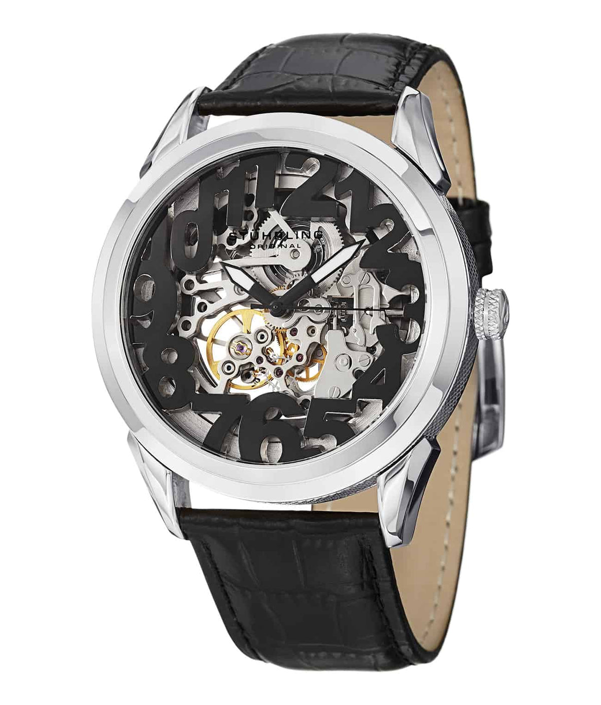 Rosary 912 Automatic 45mm Skeleton - Silver Dial / Silver Case / Black Leather Strap Tang Buckle