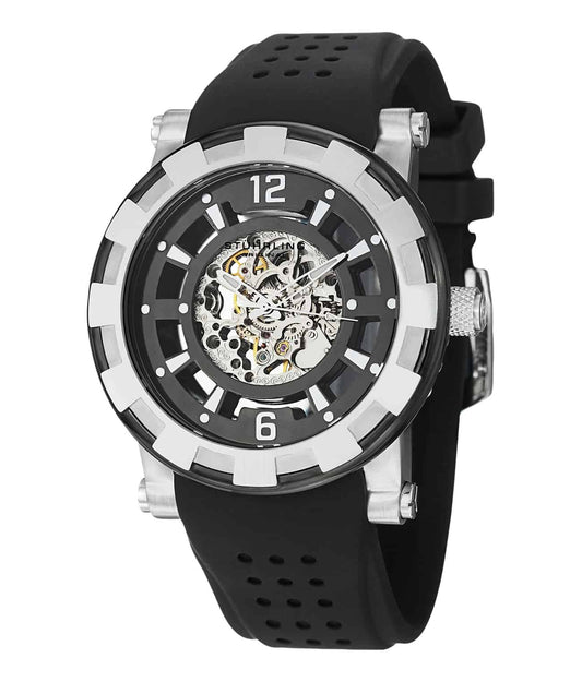 Automaton 913 Automatic 46mm Skeleton - Black Dial / Silver Case / Black Silicone Strap Tang Buckle