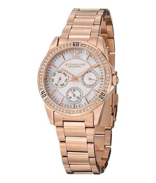 Stührling Marina 914 Quartz 34mm Diver - White Dial / Rose Case / Rose Stainless Steel Bracelet Deployant Buckle