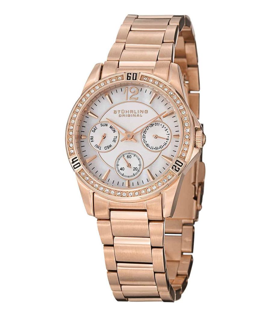 Stührling Marina 914 Quartz 34mm Diver - White Dial / Rose Case / Rose Stainless Steel Bracelet Deployant Buckle