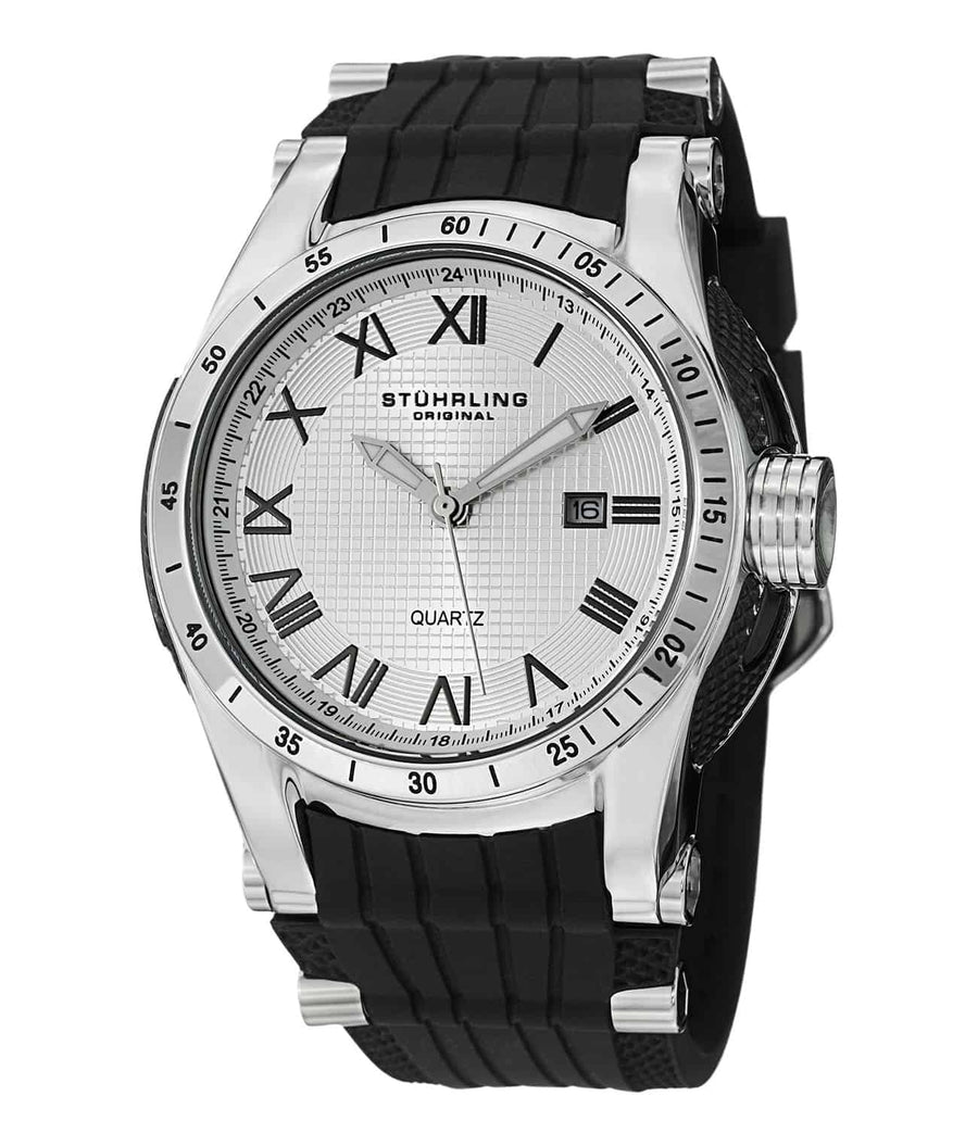 Stührling Tachymere 916 Quartz 46mm Diver - Silver Dial / Silver Case / Black Silicone Strap Tang Buckle