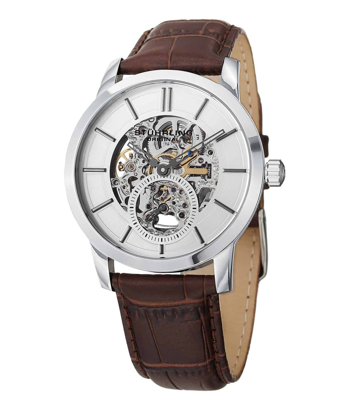 Delphi 924 Hand-wind 42mm Skeleton - Silver Dial / Silver Case / Brown Leather Strap Tang Buckle