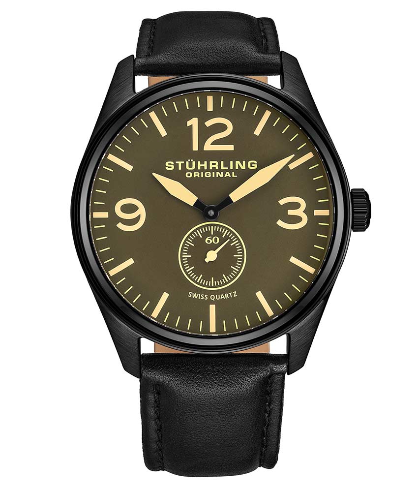 Stührling Aviator 931 Quartz 42mm - Brown Dial / Black PVD Case / Black Leather Strap Tang Buckle