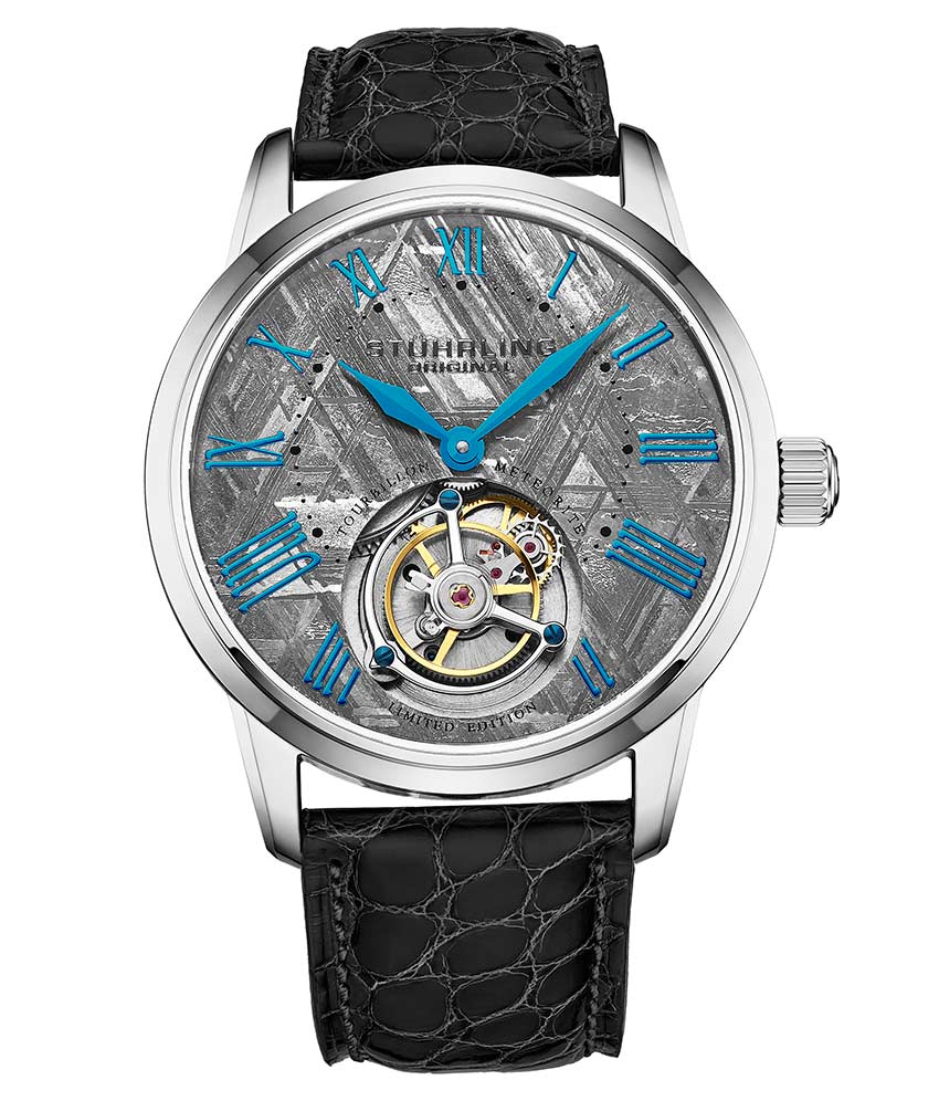 Stührling Barringer 972 Hand-wind 40mm Tourbillon - Grey Dial / Silver Case / Black Alligator Strap Silver Deployant Buckle