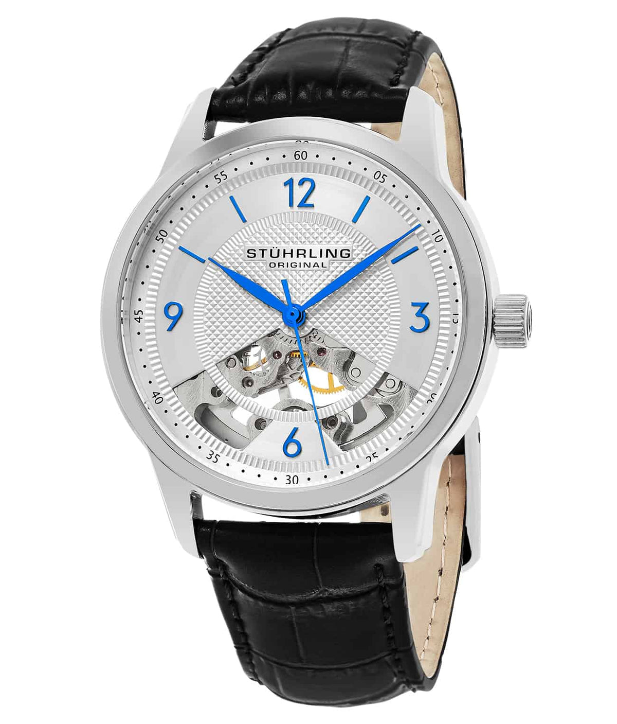 Stührling The Dynamic Hand-Wind 977 Skeleton 40mm - Silver Dial / Silver Case / Black Leather Strap Tang Buckle