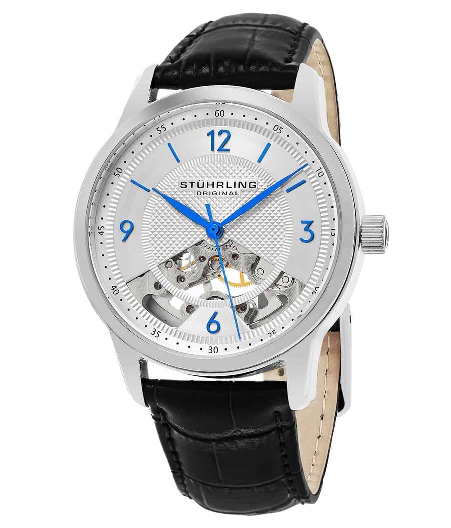 Stührling The Dynamic Hand-Wind 977 Skeleton 40mm - Silver Dial / Silver Case / Black Leather Strap Tang Buckle