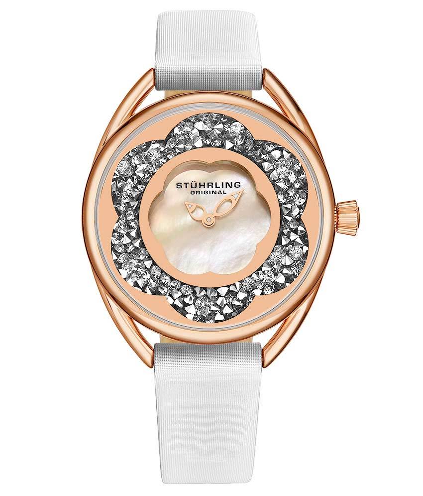 Stührling Lily 995 Quartz 38mm Classic - Silver Dial / Rose Case / White Leather Strap Rose Gold Layered Tang Buckle