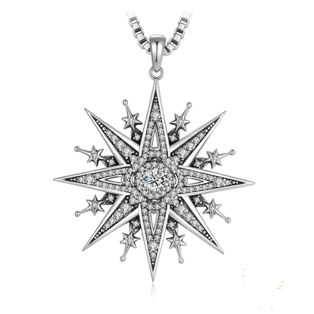 Stunning Vintage Gothic North Star 925 Sterling Silver Pendant Necklace with Cubic Zirconia – Perfect for Any Occasion!
