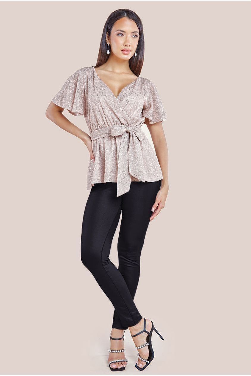 Lurex Flutter Sleeve Wrap Top - Champagne by Goddiva