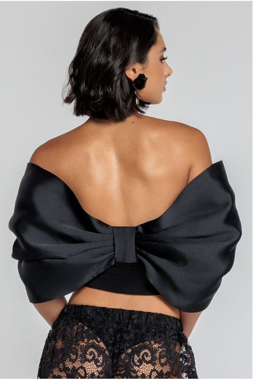 Off Shoulder Back Satin Bow Scuba Corset - Black by Goddiva