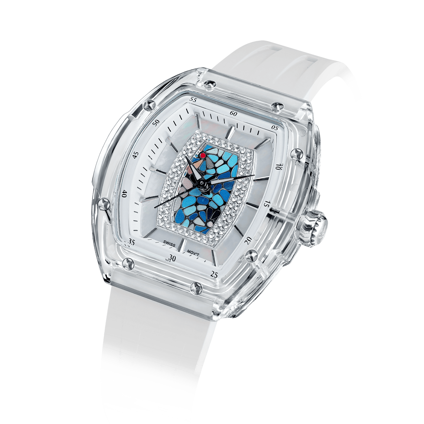 TSAR BOMBA watches – Damen-Quarzuhr, stilvolle und wasserdichte Uhr mit Fluorkautschukarmband für einen sportlich-eleganten Look Weißblau
