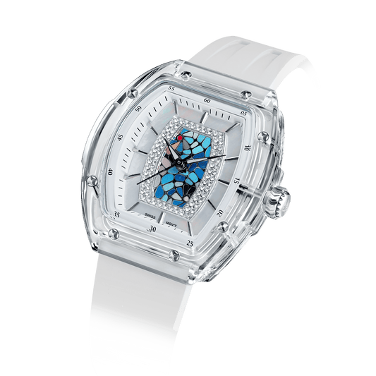 TSAR BOMBA watches – Damen-Quarzuhr, stilvolle und wasserdichte Uhr mit Fluorkautschukarmband für einen sportlich-eleganten Look Weißblau