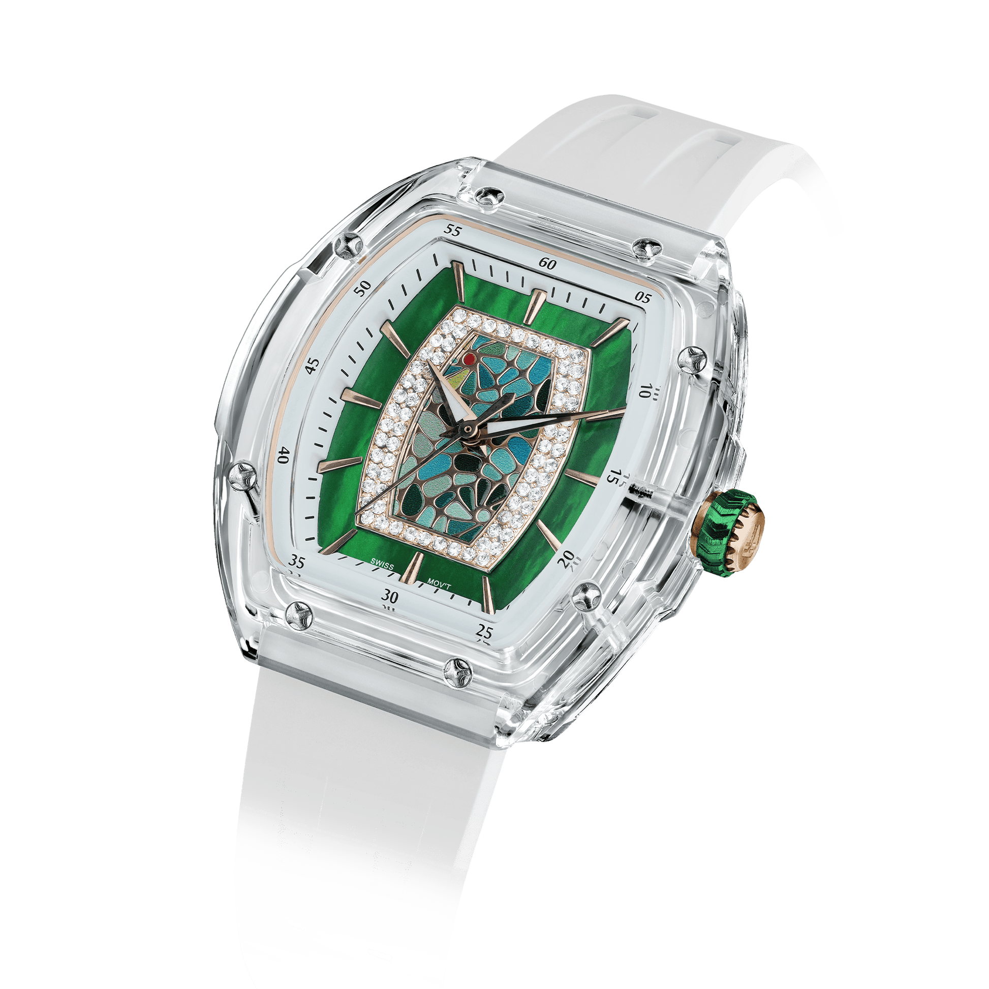 TSAR BOMBA Nucleus Femme 02 – Damen-Quarzuhr, stilvolle und wasserdichte Uhr mit Fluorkautschukarmband für einen sportlich-eleganten Look Weißgrün