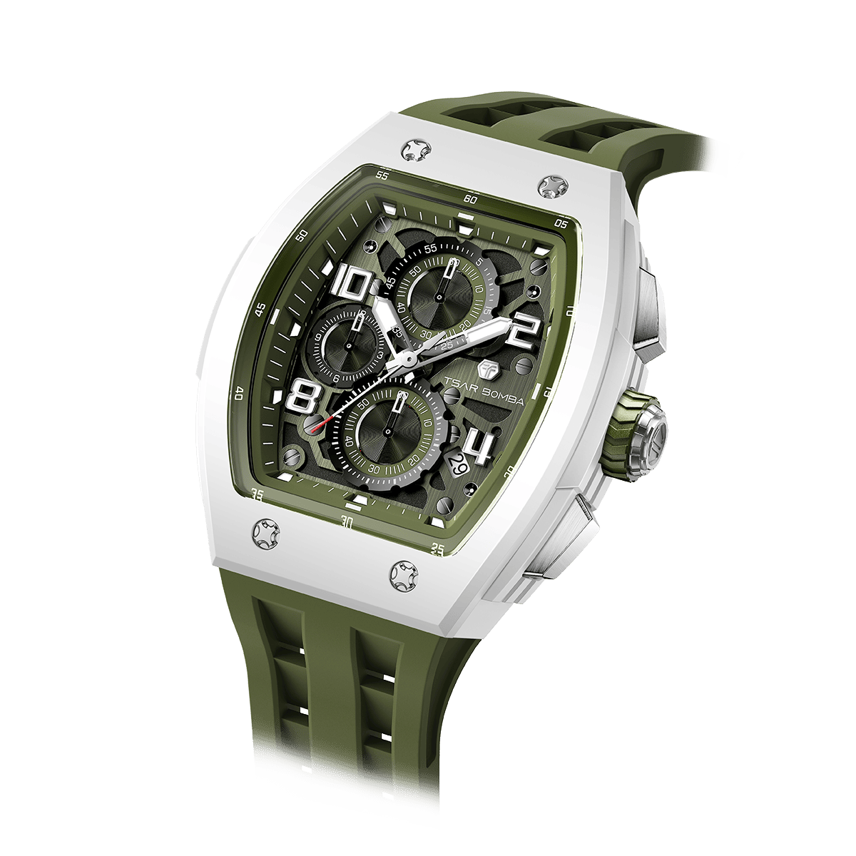 TSAR BOMBA Men's Luxury Quartz Watch | Olive | Bioceramic Tonneau Case | Japanese Quartz Movement | 50M Waterproof Sport Wristwatch for Men | Elementa