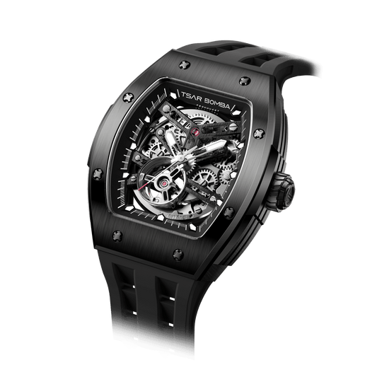 TSARBOMBA Elemental TB8228A Men’s Fashion Watch: The TB8228A is equipped with a Moyota automatic mechanical movement, featuring a skeletonized dial an