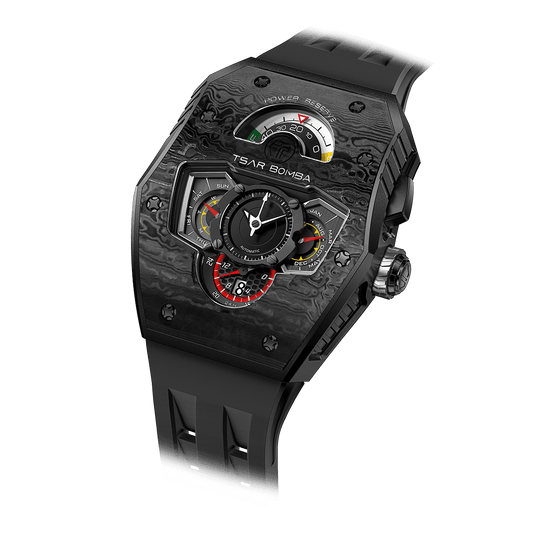 TSAR BOMBA Men's Automatic Watch | Black | Stainless Steel Case | Carbon Fiber Bezel | Japanese Mechanical Skeleton Movement | Unconventional time dis