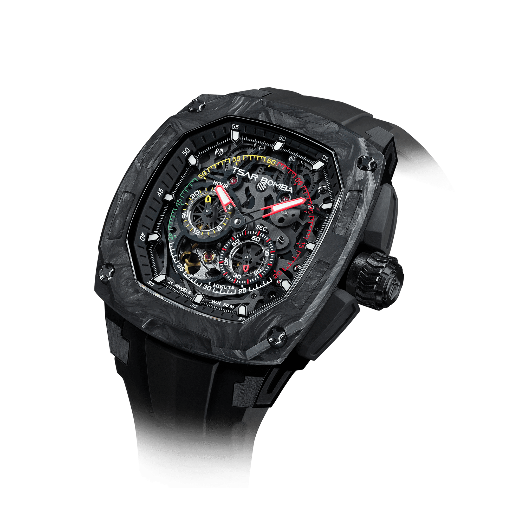 TSAR BOMBA Dark Matter Serie – Luxuriöse skelettierte Automatikuhr mit Wechselarmband, Carbonfaser-Lünette Schwarz-Set