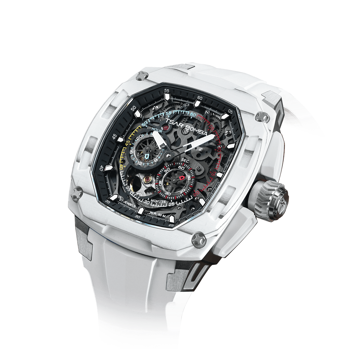 TSAR BOMBA Dark Matter Serie – Luxuriöse skelettierte Automatikuhr mit Wechselarmband, Carbonfaser-Lünette Weiß-Set