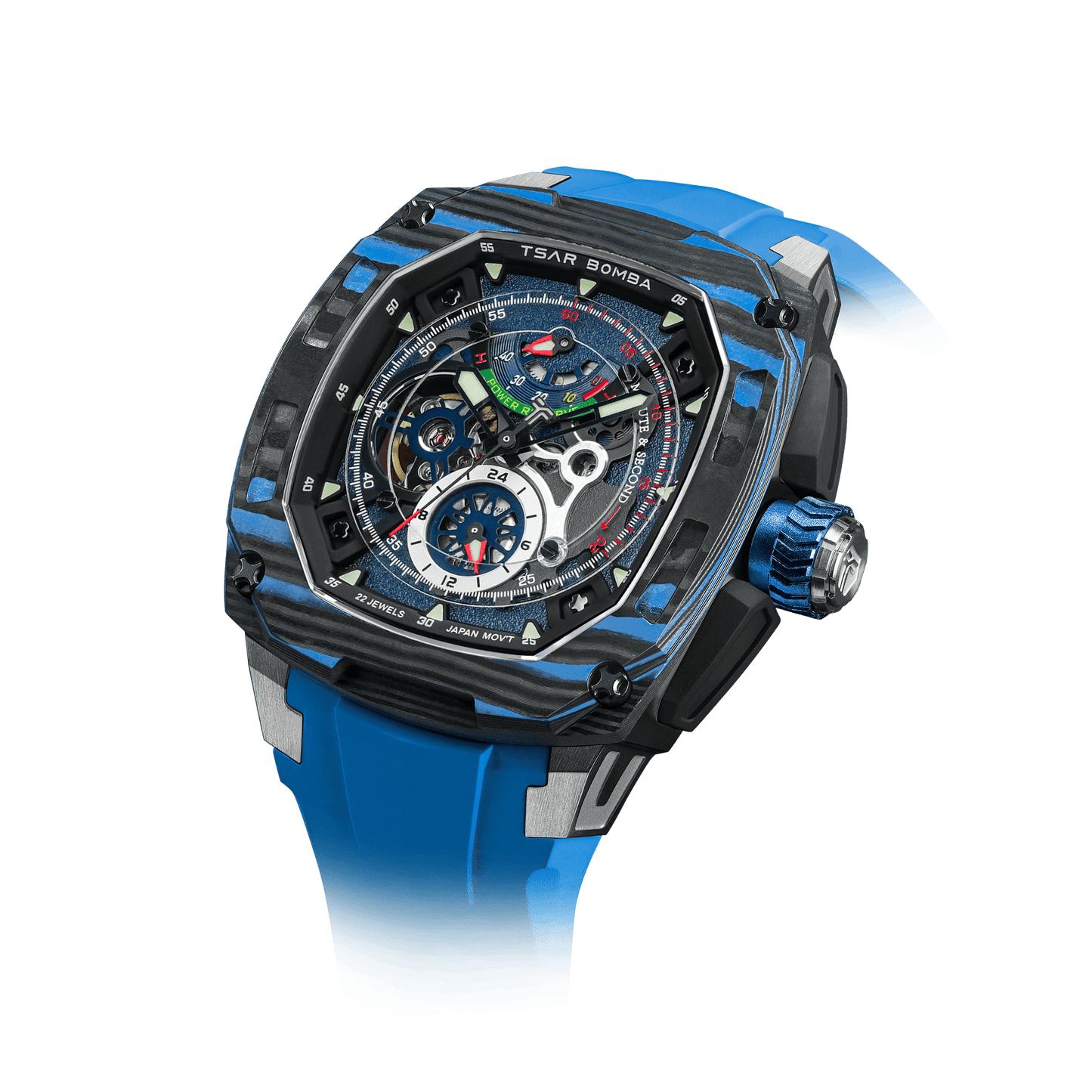 TSAR BOMBA schwarze Uhr– Luxuriöse skelettierte Automatikuhr mit Wechselarmband, Carbonfaser-Lünette Blau-Set