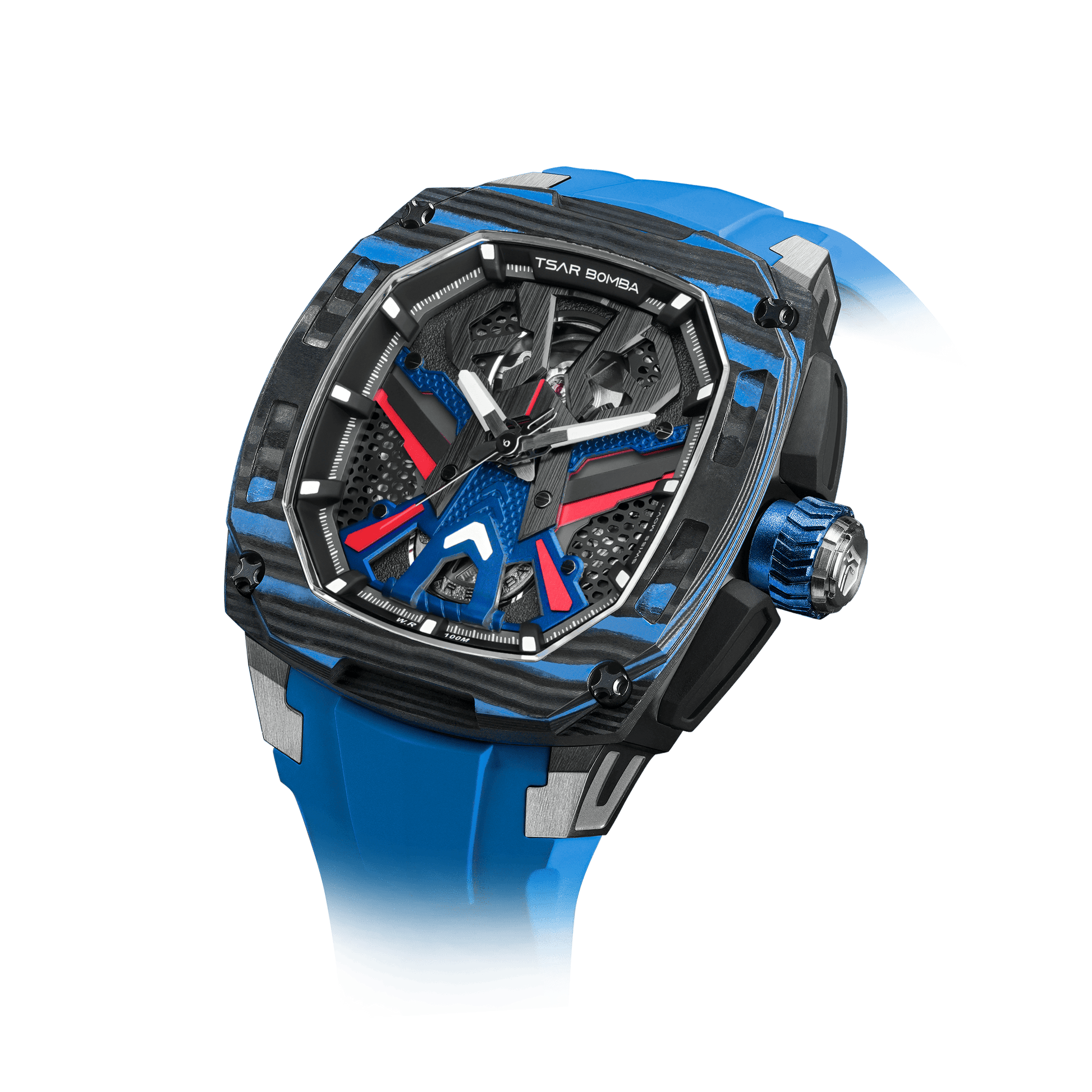schwarze Uhr TSAR BOMBA watch– Luxuriöse skelettierte Automatikuhr mit Wechselarmband, Carbonfaser-Lünette Blau-Set