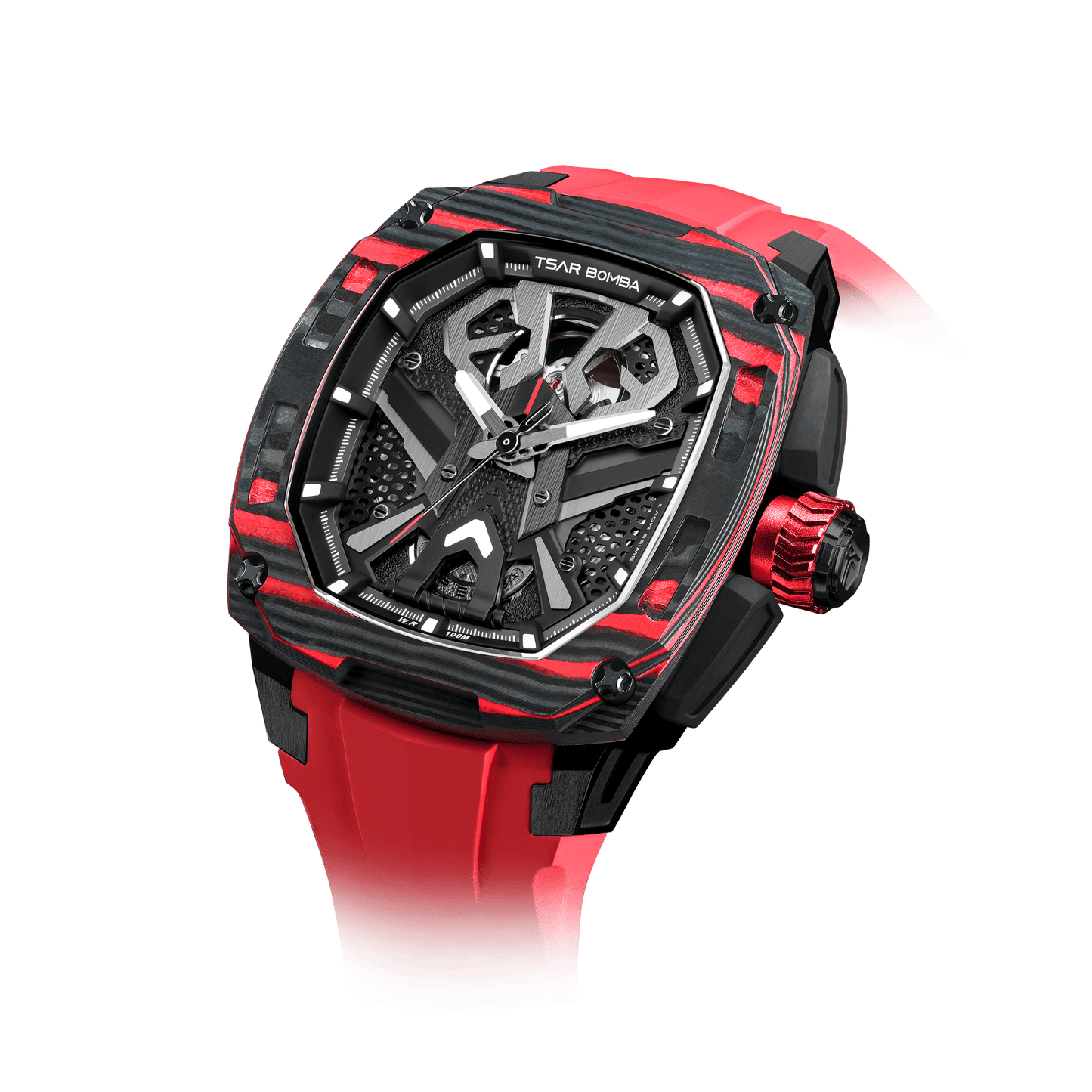 TSAR BOMBA Dark Matter Serie – Luxuriöse skelettierte Automatikuhr mit Wechselarmband, Carbonfaser-Lünette Rot-Set