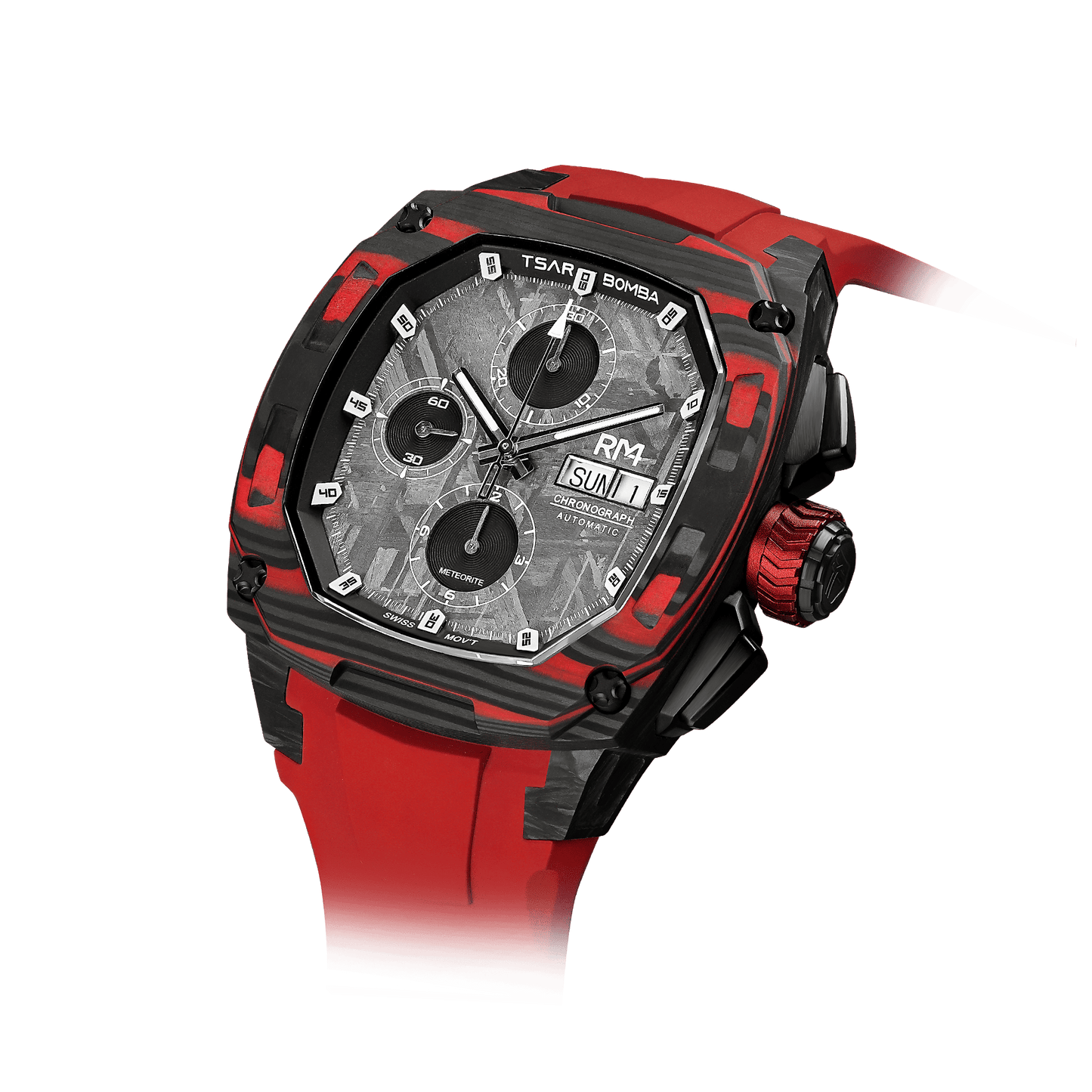TSAR BOMBA Dark Matter Serie – Limitierte Luxus-Automatikuhr mit Wechselarmband, Carbonfaser-Lünette, echtem Meteoritzifferblatt Rot-Set