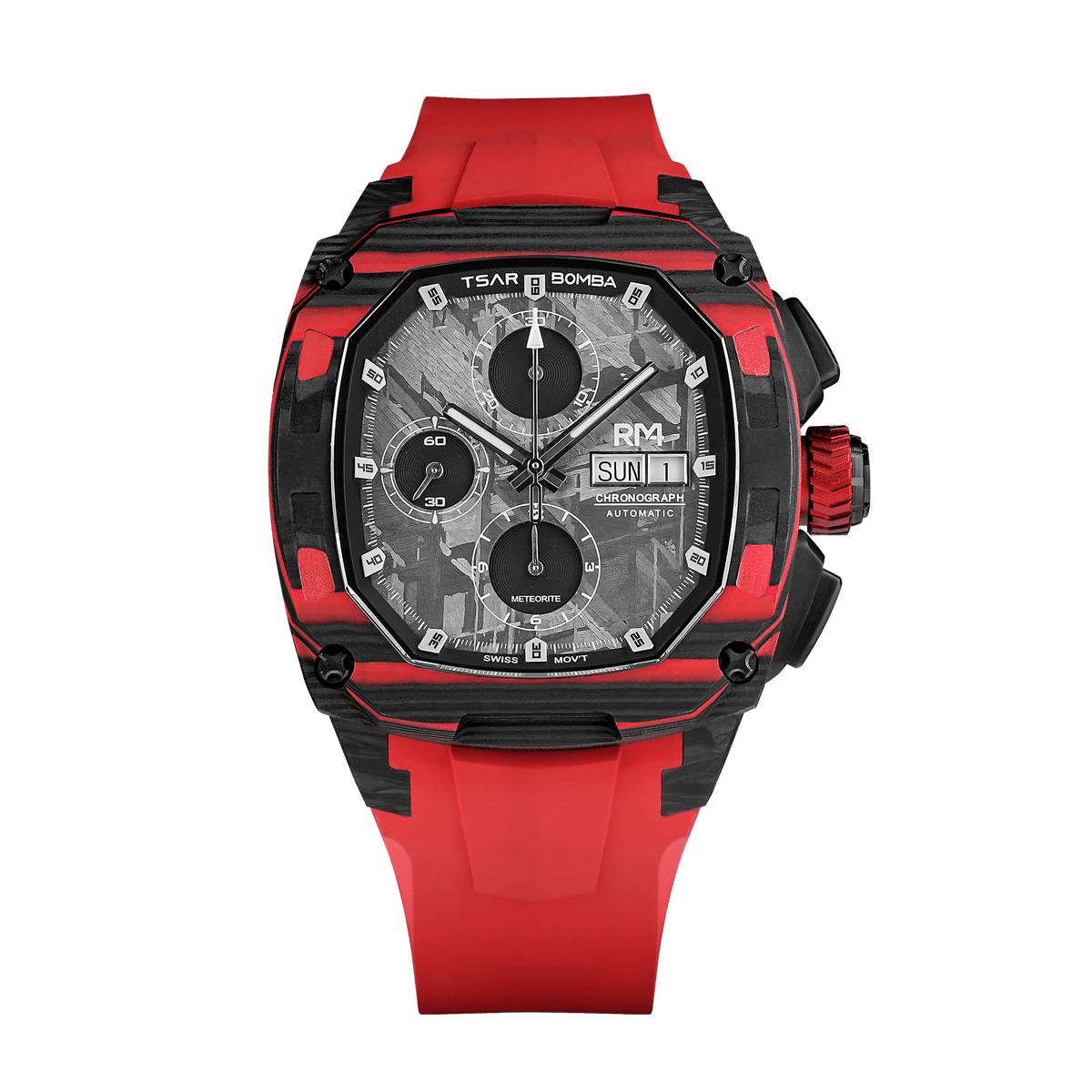 TSAR BOMBA Men's Swiss Automatic Watch | Dark Matter 4 | Rafael Signed Limited Edition | Meteorite Chronograph Calendar Dial | Carbon Fiber & Titanium