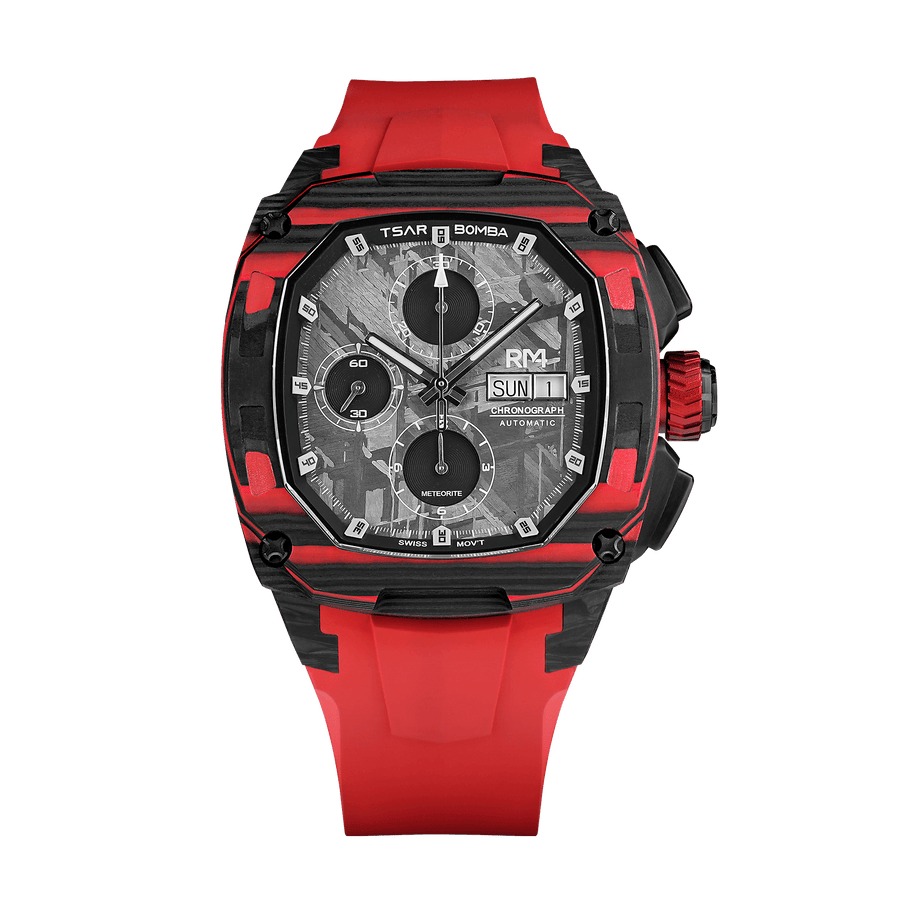 TSAR BOMBA Men's Swiss Automatic Watch | Dark Matter 4 | Rafael Signed Limited Edition | Meteorite Chronograph Calendar Dial | Carbon Fiber & Titanium