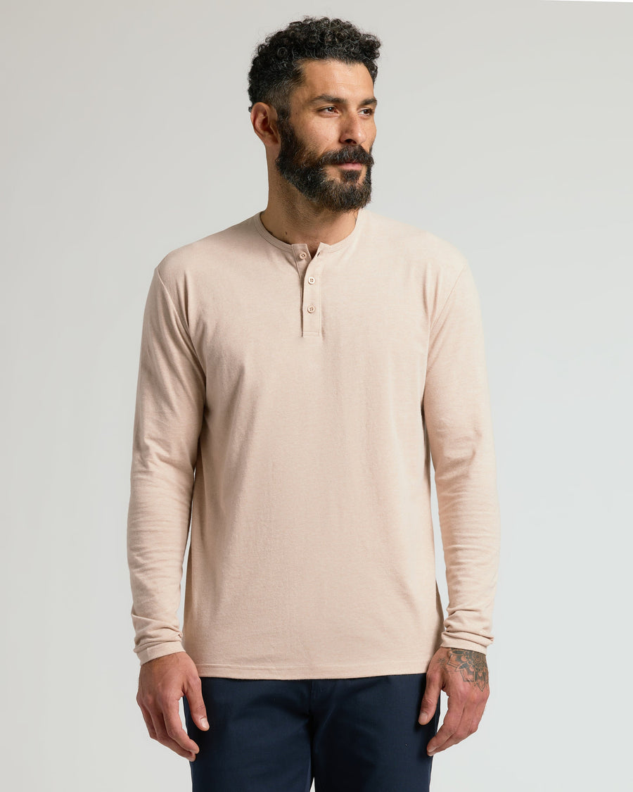 True Classic Multi Heather Camel Classic Long Sleeve Henley Shirt | Cotton Blend | Athletic Cut | Small