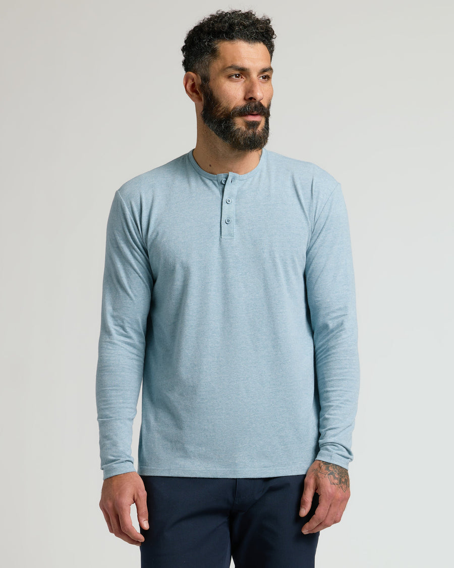 True Classic Multi Heather Sapphire Classic Long Sleeve Henley Shirt | Cotton Blend | Athletic Cut | Small