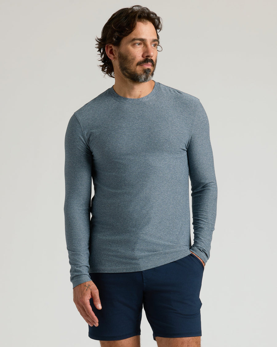 True Classic Heather Navy Blue Active Long Sleeve Crew T-Shirt | Cotton Blend | Athletic Cut | Small