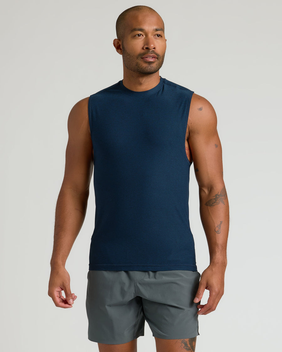 True Classic Dark Heather Navy Blue Sleeveless Active Muscle T-Shirt | Small