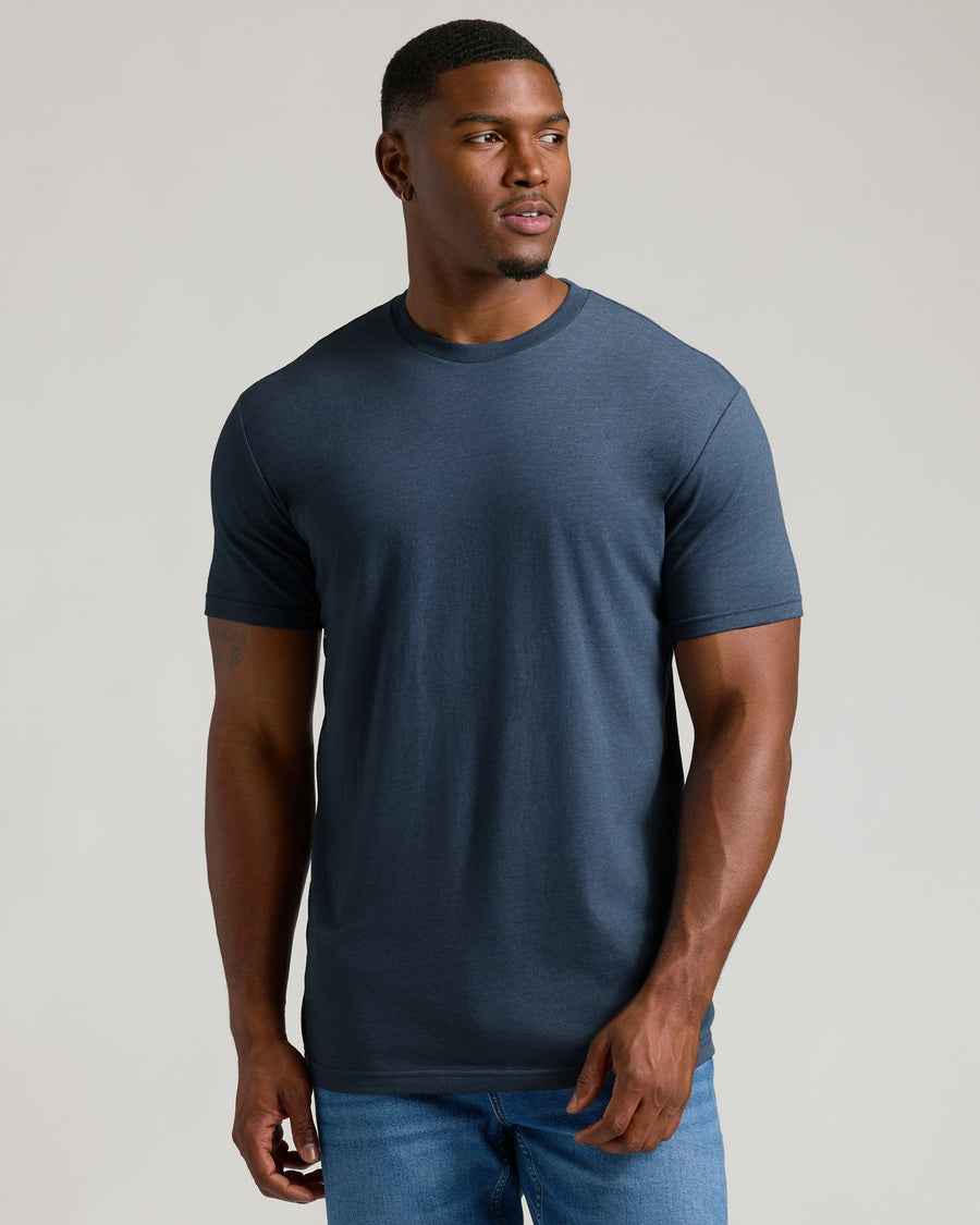 True Classic Heather Navy Blue Tall Straight Hem Crew Neck T-Shirt | Cotton Blend | Athletic Cut | Small