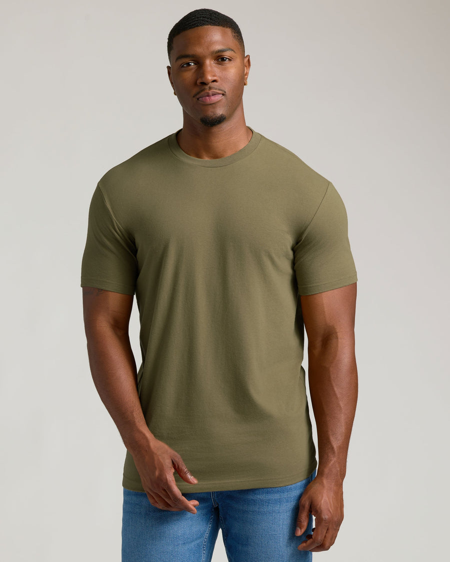 True Classic Military Green Tall Straight Hem Crew Neck T-Shirt | Cotton Blend | Athletic Cut | Small