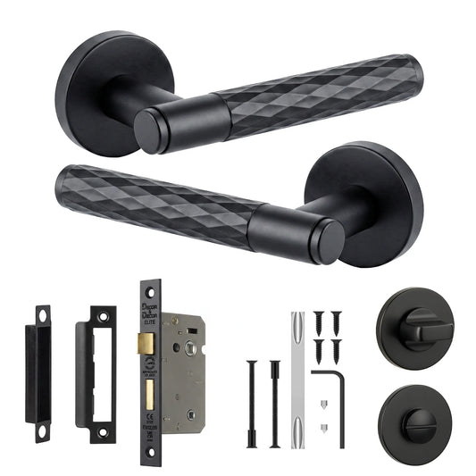 Tore Matt Black Bathroom Door Lever Handles - Bathroom Kit 64mm