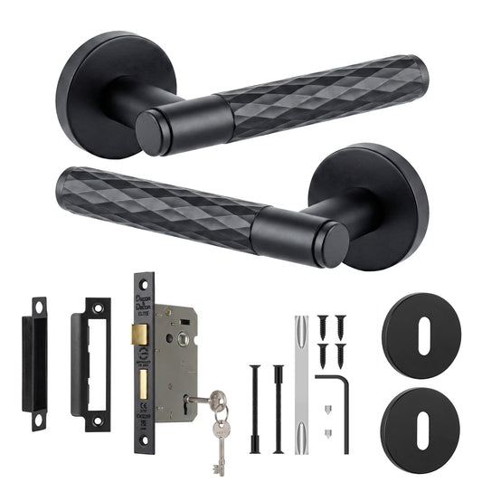 Tore Matt Black Privacy Door Lever Handles - Sash Lock Kit 64mm