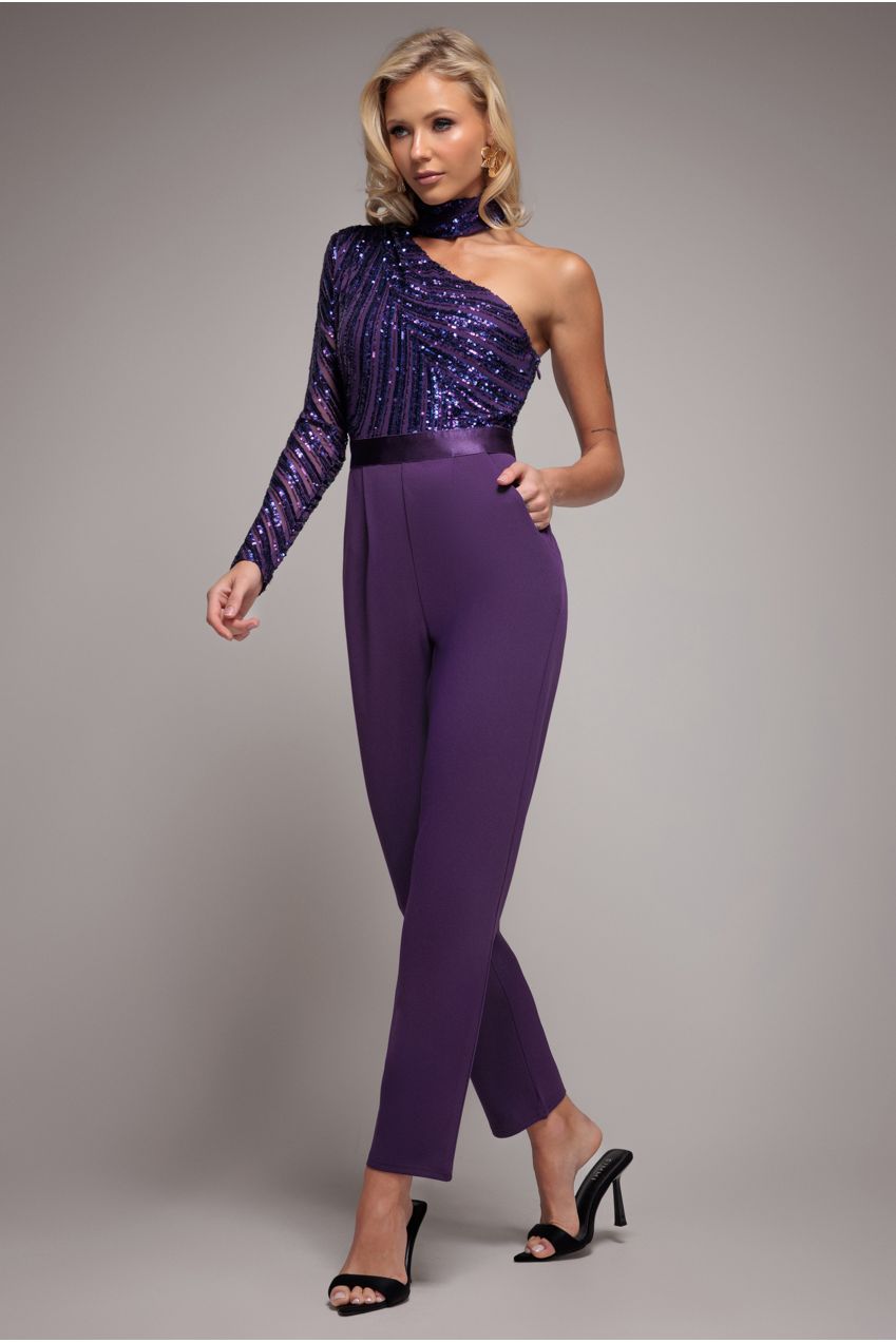 Goddiva One Shoulder Sequin Jumpsuit - Purple