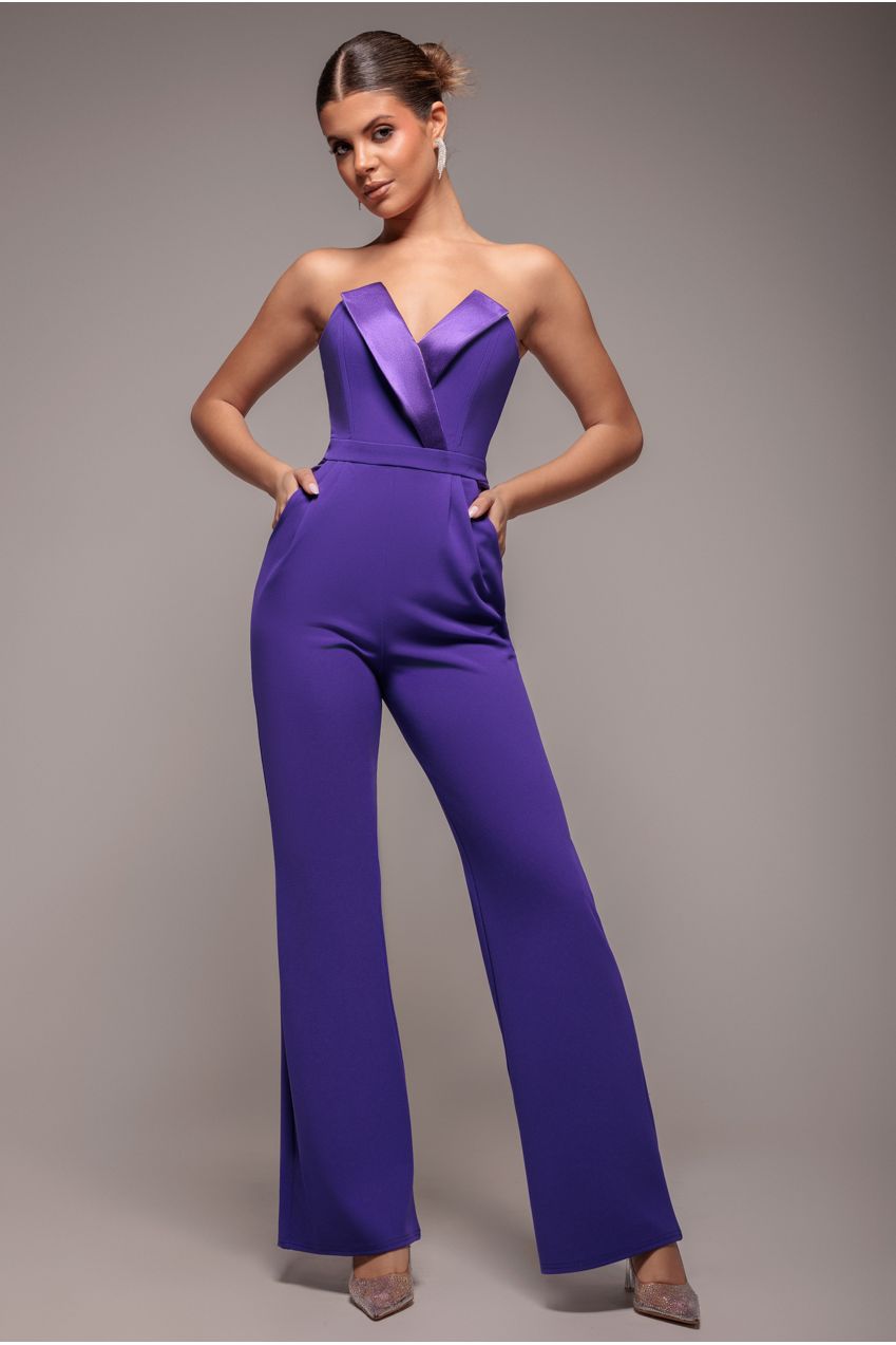 Goddiva Satin Collar Scuba Jumpsuit - Purple