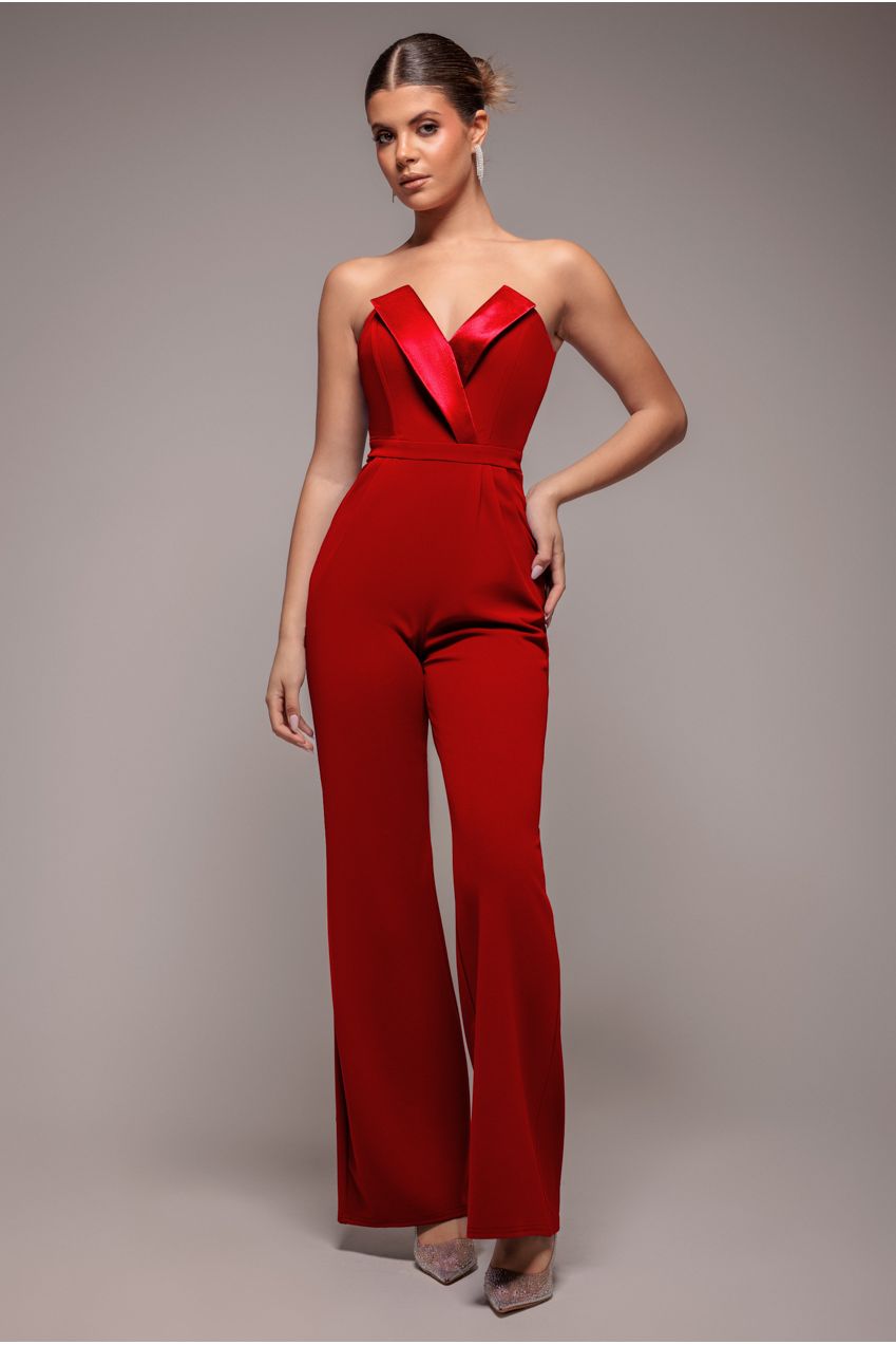 Goddiva Satin Collar Scuba Jumpsuit - Red