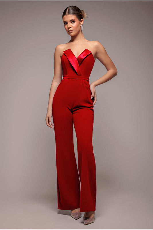 Goddiva Satin Collar Scuba Jumpsuit - Red