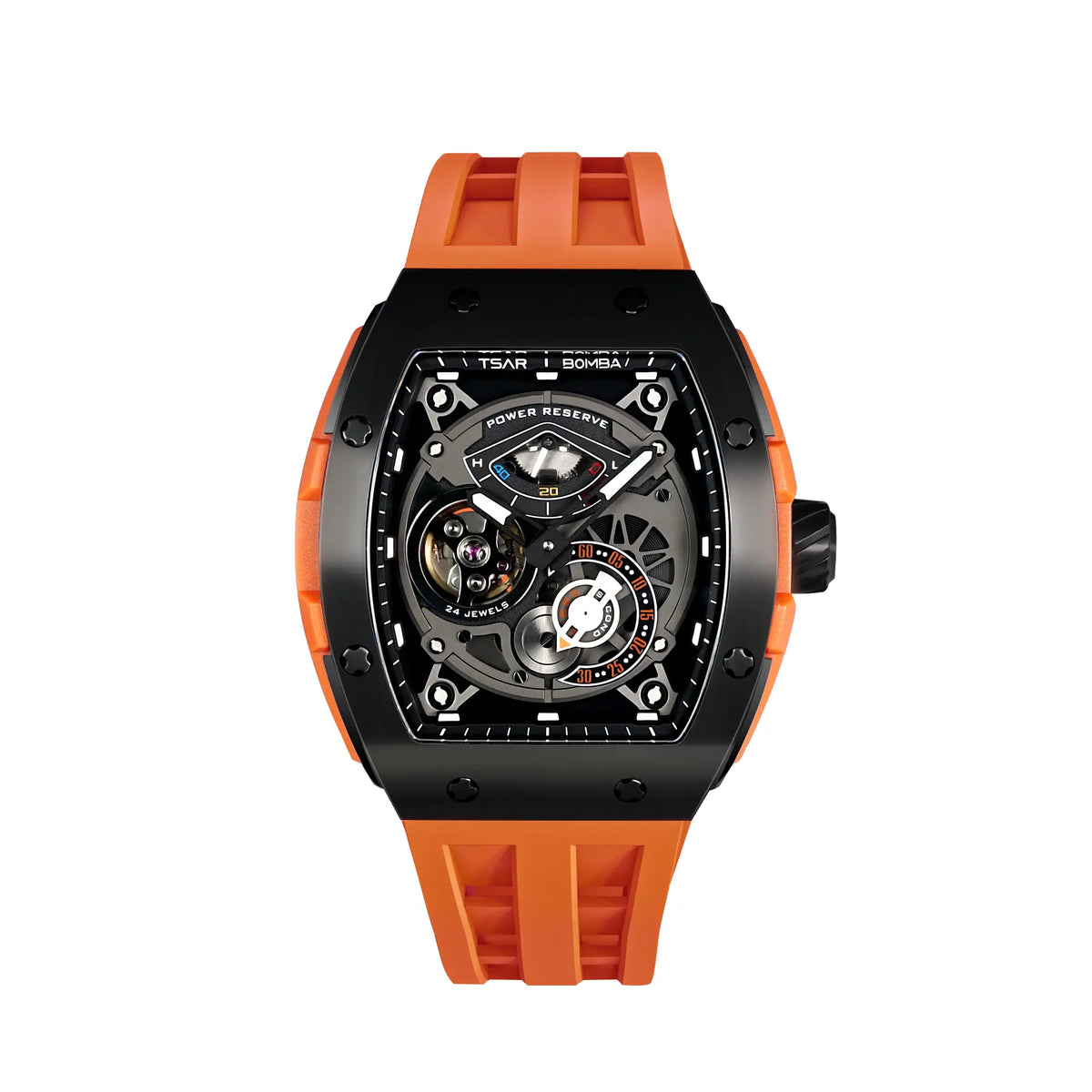 TSAR BOMBA Elemental TB8210A Edelstahl Automatik Skelett Tonneau Herrenuhr-Edelstahl Gehäuse powere serve at 12 o'Clock-Orange Schwarz