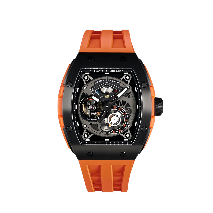 TSAR BOMBA Elemental TB8210A Edelstahl Automatik Skelett Tonneau Herrenuhr-Edelstahl Gehäuse powere serve at 12 o'Clock-Orange Schwarz