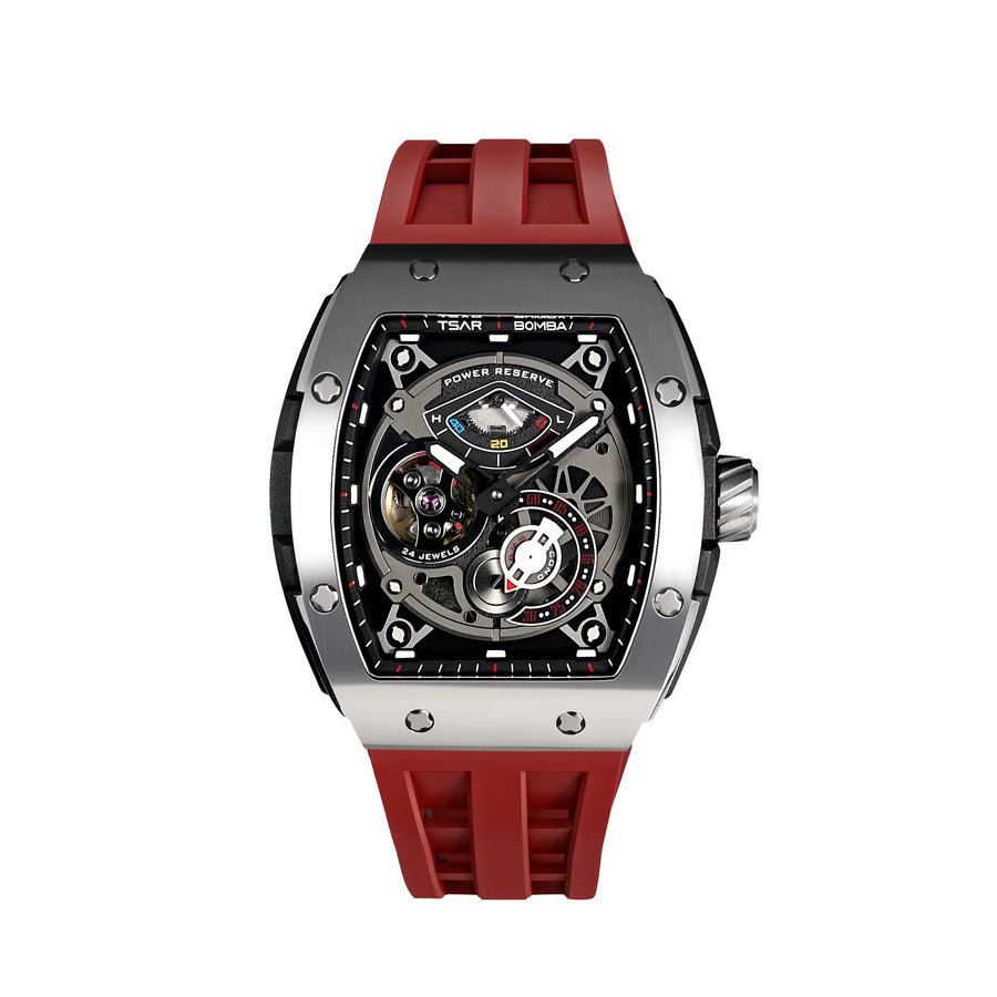 TSAR BOMBA Elemental TB8210A Edelstahl Automatik Skelett Tonneau Herrenuhr-Edelstahl Gehäuse powere serve at 12 o'Clock-Silber Rot
