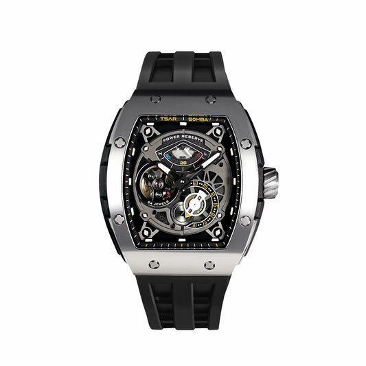 TSARBOMBA elemental TB8210CF Men’s Fashion Watch—featuring an Espon automatic mechanical movement, tonneau-style case, 316L stainless steel constructi