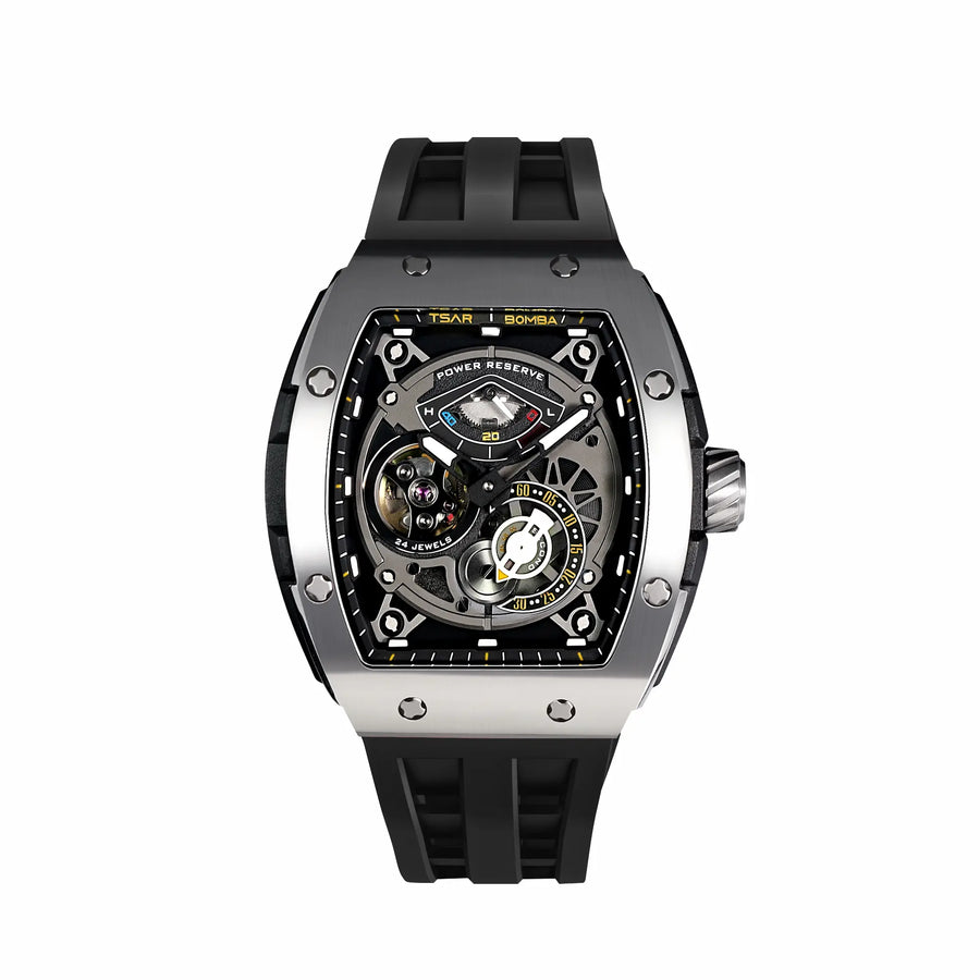 TSAR BOMBA Elemental TB8210A Edelstahl Automatik Skelett Tonneau Herrenuhr-Edelstahl Gehäuse powere serve at 12 o'Clock-Silber Schwarz