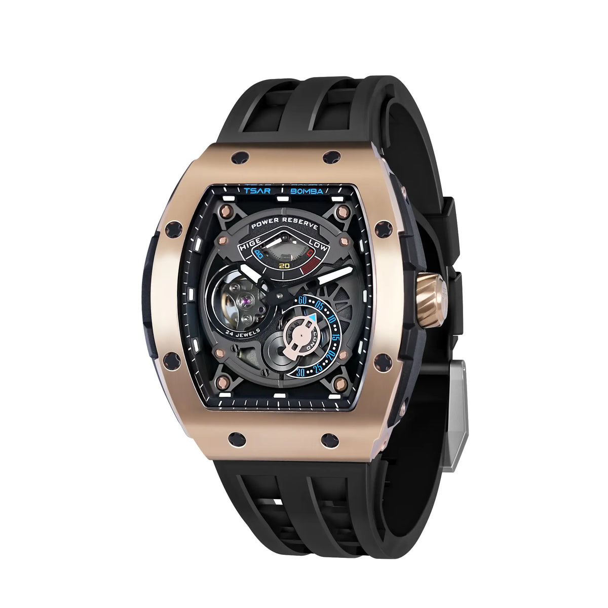 TSAR BOMBA Elemental TB8210A Edelstahl Automatik Skelett Tonneau Herrenuhr-Edelstahl Gehäuse powere serve at 12 o'Clock-Gold Schwarz