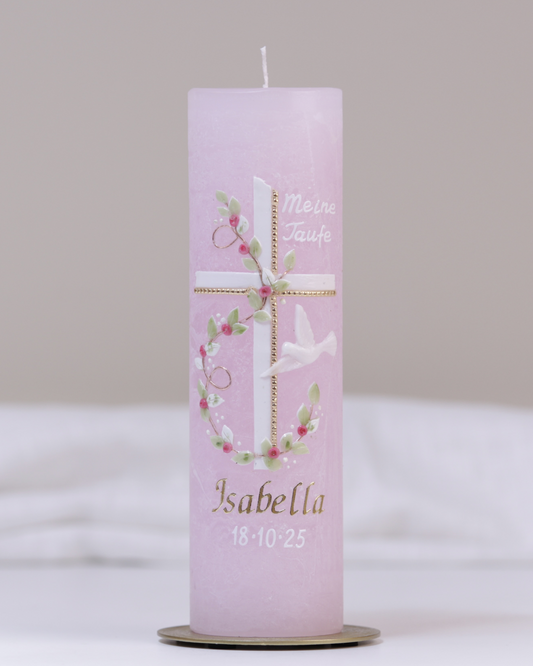 Taufkerze „Isabella“ pastellrosa – personalisiert mit Wunschname