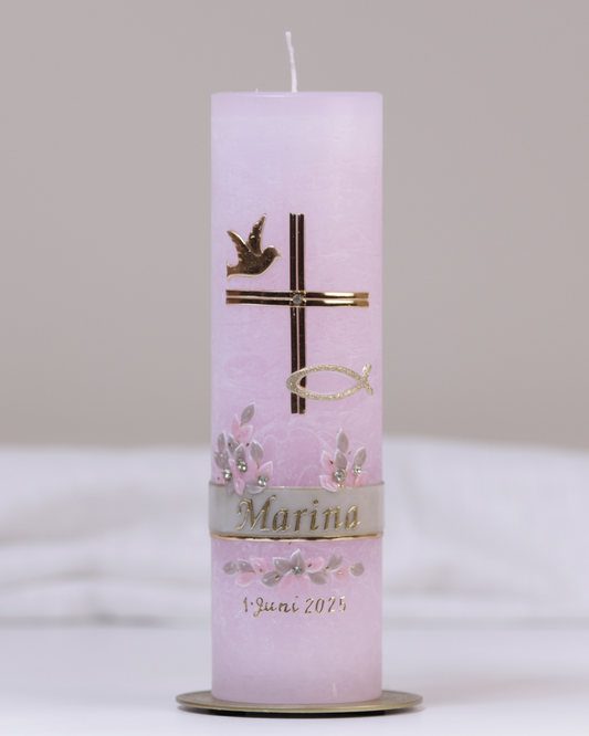 Taufkerze „Marina“ pastellrosa – personalisiert mit Wunschname